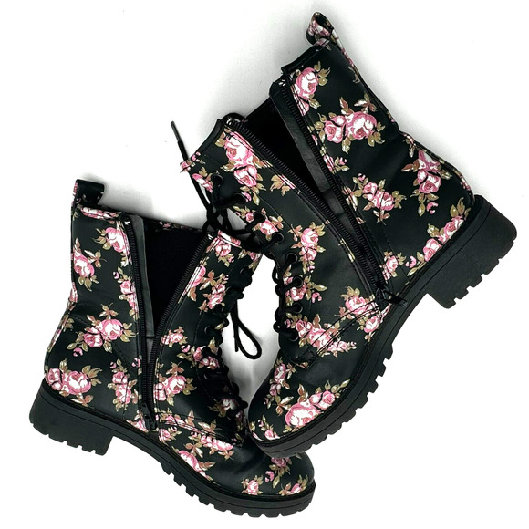 JELLYPOP | Women's 7.5 Black Pink Floral Combat Chunky Heel Ramsey Ankle Boots‎ - Picture 3 of 12